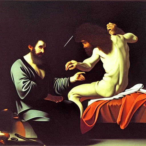 Image similar to the death of bob ross, by caravaggio,