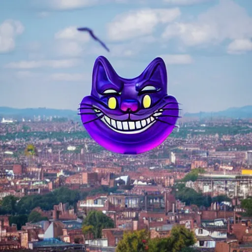 Image similar to gigantic chrome cheshire cat grin! floating over a modern city