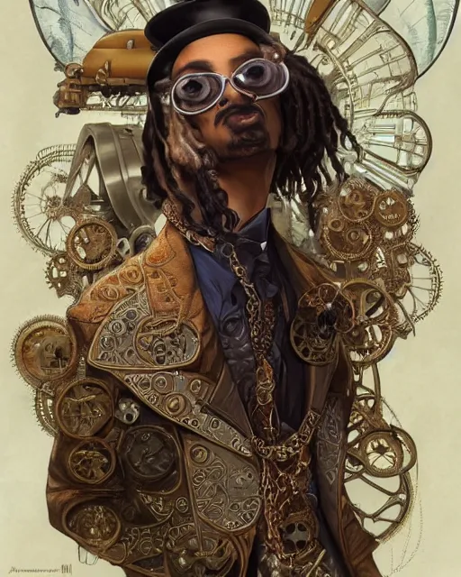 Image similar to steampunk snoop dog, masterpiece, intricate, elegant, highly detailed, digital painting, artstation, concept art, smooth, sharp focus, illustration, art by artgerm and greg rutkowski and alphonse mucha and uang guangjian and gil elvgren and sachin teng, symmetry!!