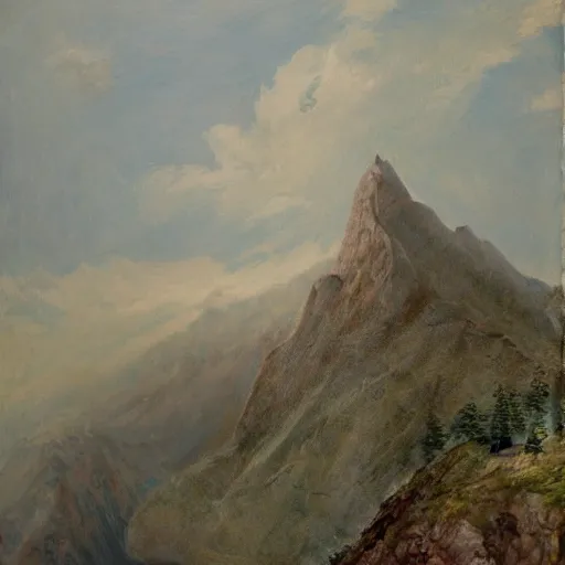 Image similar to an incomprehensible and invisible god at the top of a far off mountain, painting