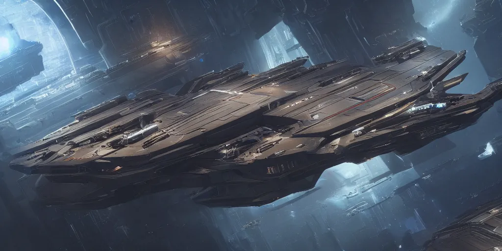 Image similar to cyberpunk cargo ship strongly resembling industrial spaceship design concept art in space, by david levy, eve online, elite dangerous, artstation, concept art, matte painting, highly detailed, rule of thirds, dynamic lighting, cinematic, detailed, magnificiant landscape, denoised