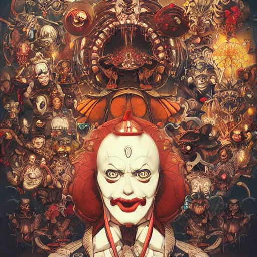 Image similar to 🔞☦🤡, rotary symmetrical, dynamic lighting, darker, not mirroring, detailed, by bambang nurdianshyah, garis edelweiss, roby dwi antono and dan mumford, ayami kojima, takato yamamoto, barclay shaw, karol bak, yukito kishiro, norman rockwell