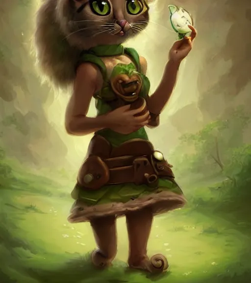 Image similar to cute little anthropomorphic Cat with big green eyes in summer dress, tiny, small, short, outfit, cute and adorable, pretty, beautiful, DnD character art portrait, matte fantasy painting, DeviantArt Artstation, by Jason Felix by Steve Argyle by Tyler Jacobson by Peter Mohrbacher, cinematic lighting