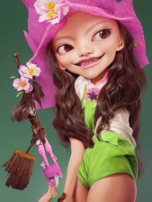 Image similar to Full shot of a cute mischievous young spring witch about to get up to some trouble with her playful bat familiar. Latin American fashion. Floral patterns. cherry blossoms. Pink and Lime Green palette. Magic. Latina girl. brown skin. defined facial features, symmetrical facial features. Smiling. By Ruan Jia and Artgerm and Range Murata and WLOP and Ross Tran and William-Adolphe Bouguereau. Key Art. Fantasy Illustration. award winning, Artstation, intricate details, realistic, Hyperdetailed, 8k resolution.