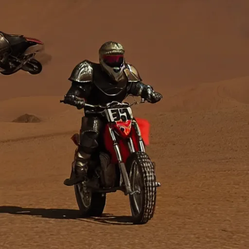 Image similar to cinematic shot of james hetfield wearing combat armor and riding a dirt bike in the desert, very detailed, very intricate,