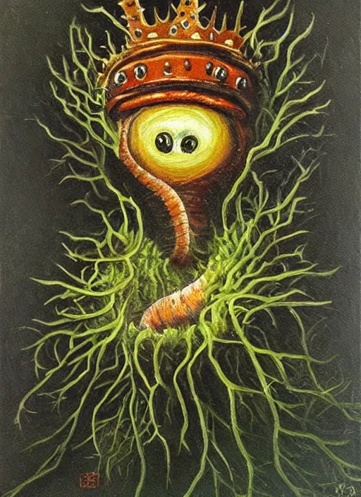 Image similar to Oil painting - a regular earthworm with a tiny little crown peeking out form a hole, Masterpiece, Wolfgang Lettl highly detailed, hints of Yayoi Kasuma