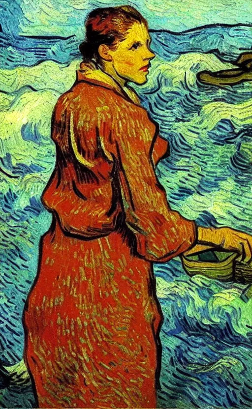 Prompt: detailed expressionist!! oil painting masterpiece portrait of a washerwoman in the river!! by van gogh, 8 k resolution, smooth, sharp focus, matte painting, beautiful masterpiece expressionist painting