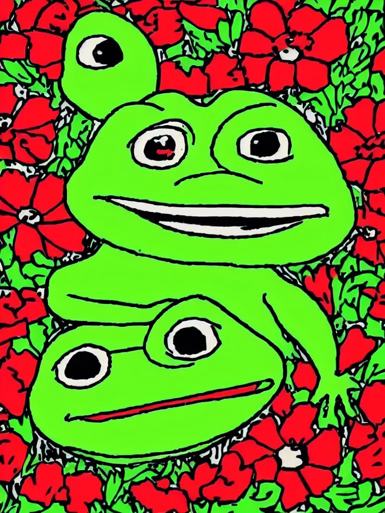 Image similar to resolution 4k hyper realistic film reel of pepe the frog red dead redemption 2 wandering army of pepe the frog a field of flowers a sunny day wholesome soft and warm picnic of breads and fruit sitting on a blanket pepe the frog. the sky is blue and filled with gods love the third rike will rise again hail pepe , rainbows of sweet angels art in the style of Tony DiTerlizzi , Francisco de Goya and Akihito Tsukushi and Arnold Lobel