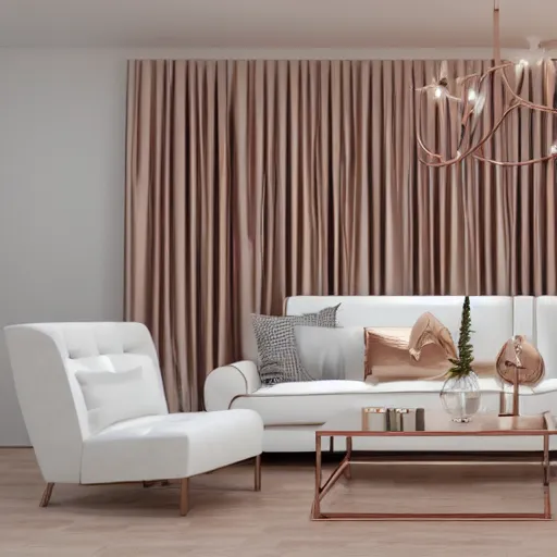 Image similar to 3 d render of white living room with rose gold metallic accents