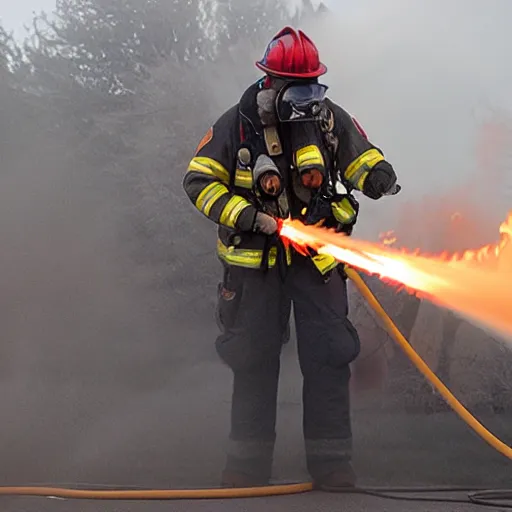 Prompt: photo of a firefighter using a flamethrower projecting a long flame