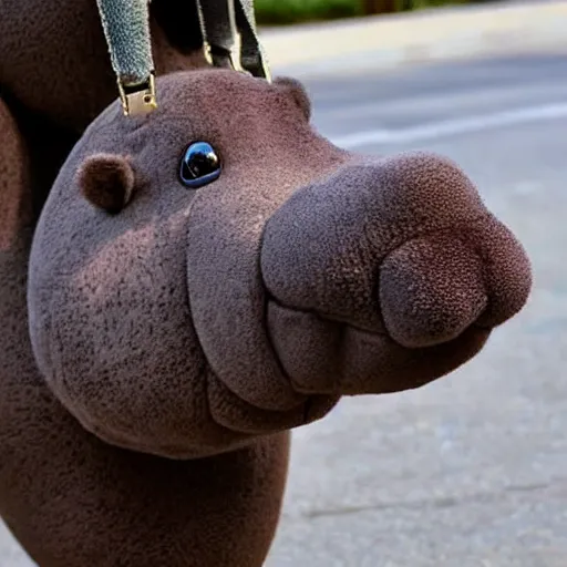 Prompt: poodle sized hippo in a purse