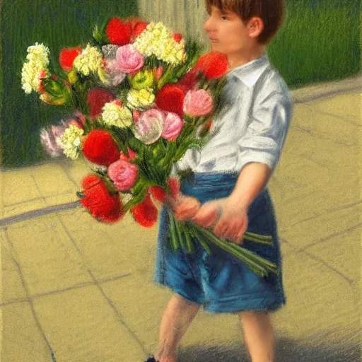 Image similar to a young boy is holding a bouquet of flowers, a pastel by bourgeois, pixabay, art & language, stockphoto, ilya kuvshinov, vray