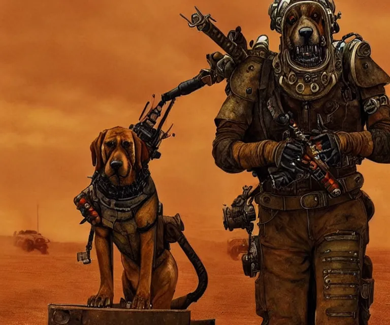 Image similar to a good ol'bloodhound dog fursona ( from the furry fandom ), heavily armed and armored facing down armageddon in a dark and gritty version from the makers of mad max : fury road. witness me.