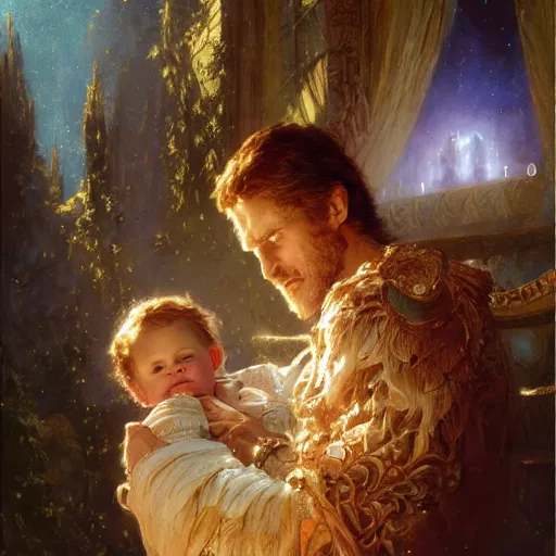 Prompt: the great father of the family, he is high up in his starry cloak, hugging his beautiful frail wife, with a little glowing baby in her arms. highly detailed painting by gaston bussiere, craig mullins, j. c. leyendecker 8 k