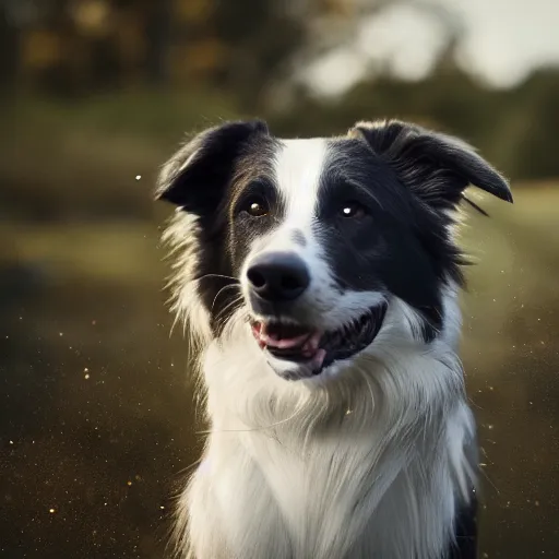 Image similar to Border Collie, splash art, movie still, cinematic lighting, dramatic, octane render, long lens, shallow depth of field, bokeh, anamorphic lens flare, 8k, hyper detailed, 35mm film grain