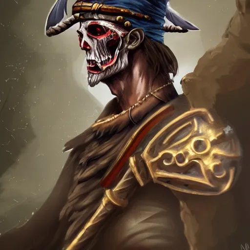 Image similar to Undead pirate captain wielding a sandstone rapier and sandstone dagger, weapons made of sandstone, he wears a hat with an impressive feather and with a brutal scar across his scarred neck, DnD character art portrait, Dark magic, necromancy, dark lighting, flux. High fantasy, digital painting, HD, 4k