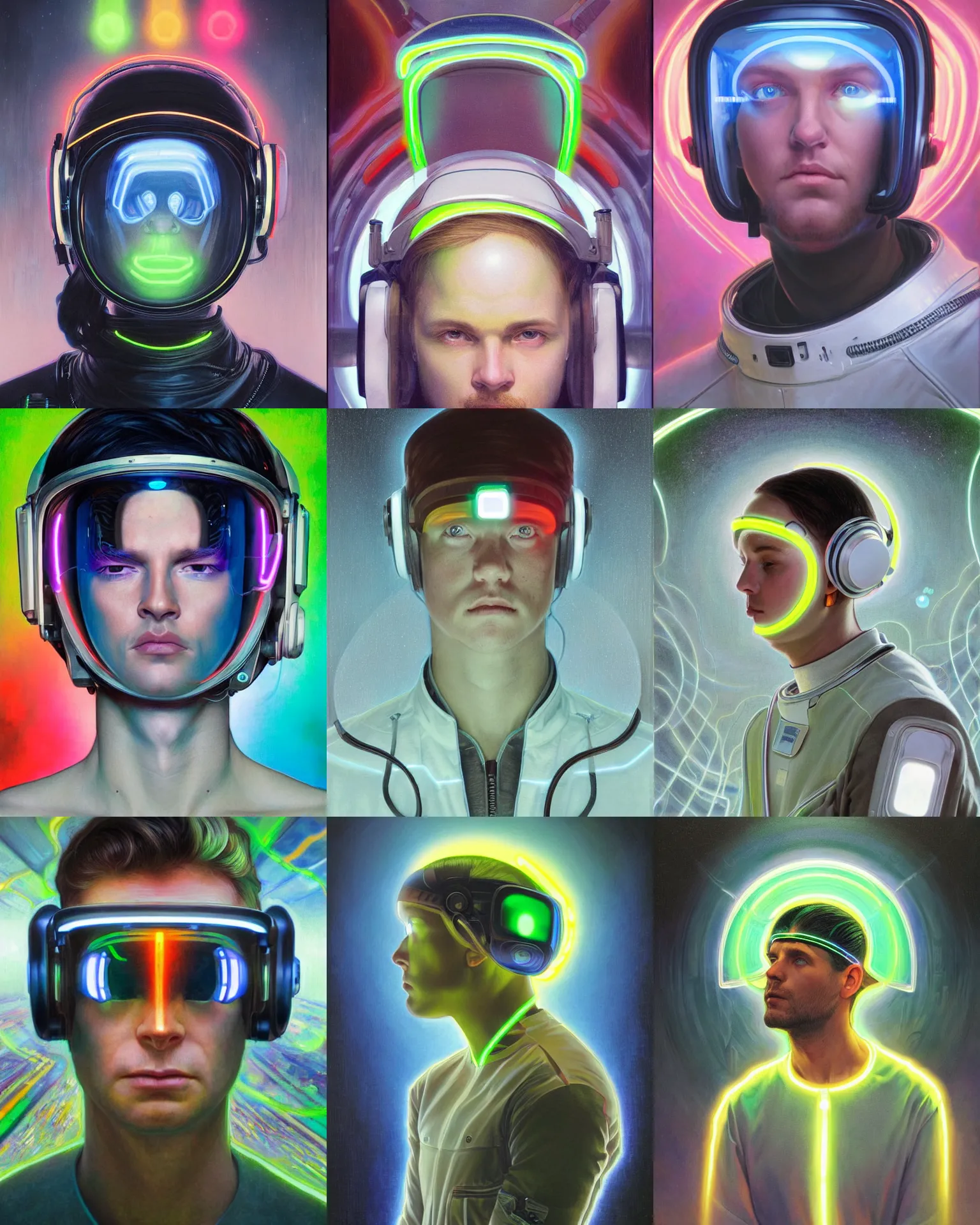 Prompt: future coder looking on, glowing visor over eyes with sleek neon headset, neon accents, desaturated headshot portrait painting by donato giancola, dean cornwall, rhads, edmund dulac, alex grey, alphonse mucha, astronaut cyberpunk electric fashion photography white stubble 8 5 mm
