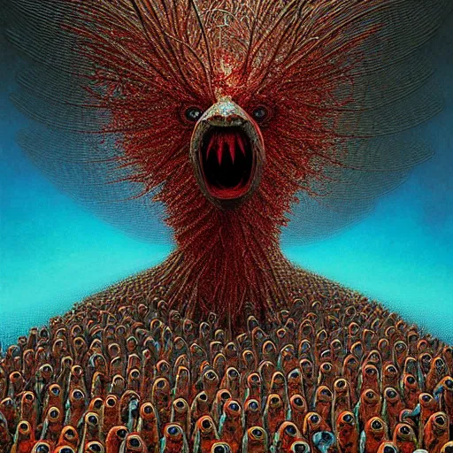 Image similar to horrifying mutant bird made of electricity fused with thousands of birds, thousand heads, mutilated, horror, blood, heavy damage, post apocalyptic, dystopian surrealism, patchwork of colours, zdzisław beksinski, sad atmosphere, volumetric light, style giger, alex ries, symmetry accurate features, symmetry accurate features, very intricate details, high resolution, intricate