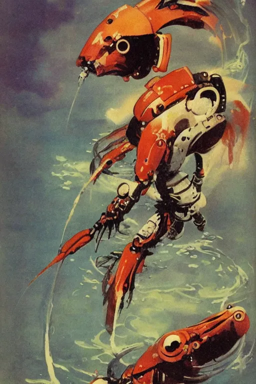 Image similar to a koi fish fighter robot by Frank Frazetta