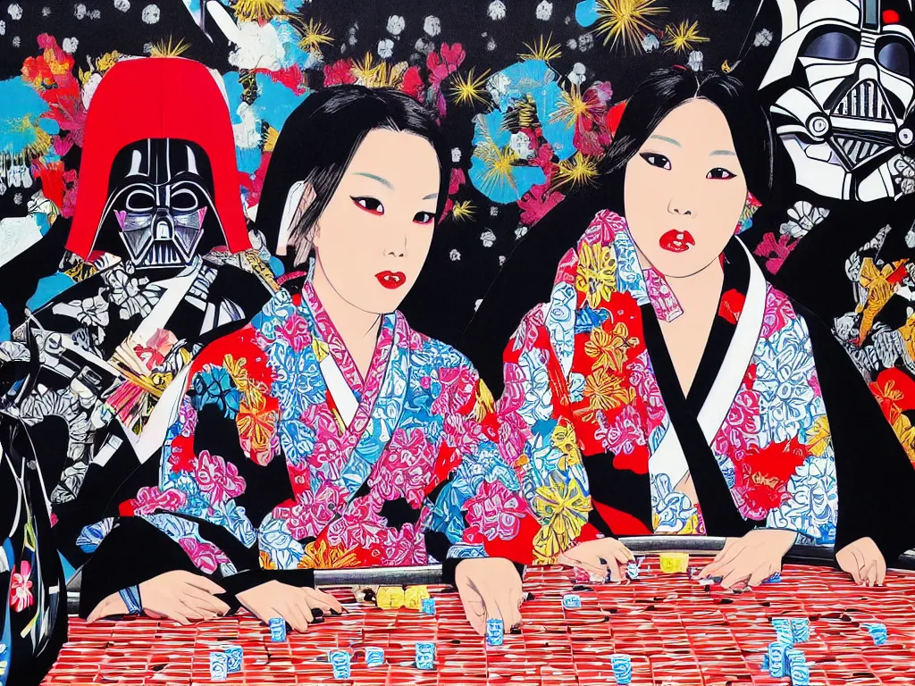 Image similar to hyperrealism composition of the detailed woman in a japanese kimono sitting at an extremely detailed poker table with darth vader, fireworks on the background, pop - art style, jacky tsai style, andy warhol style, acrylic on canvas