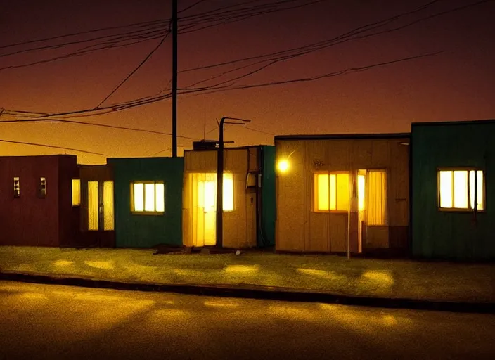 Image similar to small suburban houses in South Africa at night inspired by Edward Hopper, Photographic stills, photography, fantasy, moody lighting, dark mood, imagination, cinematic