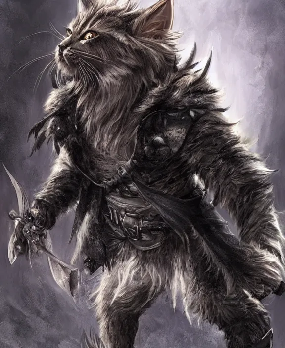 Image similar to humanoid male khajiit rogue with a scar on left eye, wearing leather armor with a hood, mainecoon cat features with jet black fur, far - mid shot, magic the gathering, fantasy