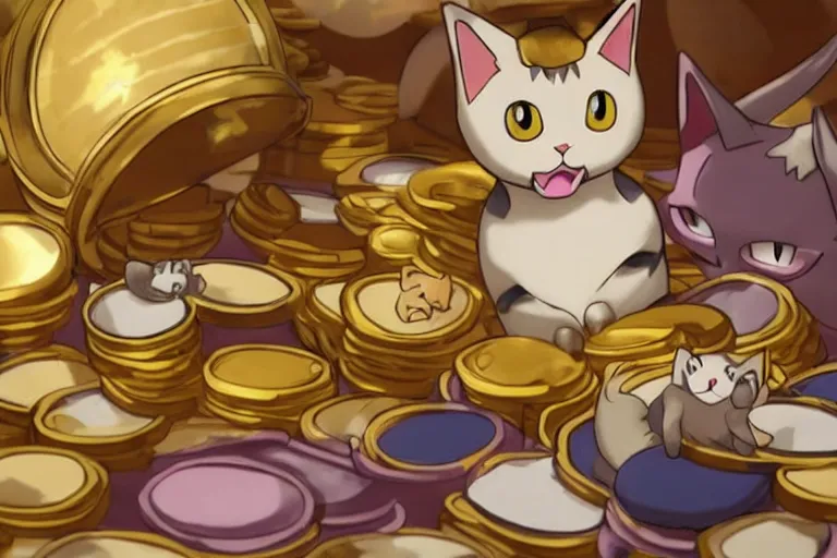 Prompt: meowth, cat pokemon, surrounded by gold coins, photorealism, cinematography