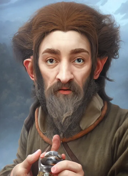 Prompt: a highly detailed and hyperrealistic airbrush painting of a hobbit mage with a big nose, trending on artstation, unreal 5, daz, hyperrealistic, pathfinder, d & d, rpg, roleplay, art by tristan eaton and artgerm and william adolphe bouguereau