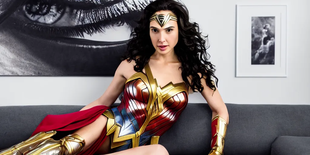 Image similar to photograph of gal gadot, dressed as wonder woman, sitting on a white leather couch with a huge photograph of a human eye on the wall behind it, ultra wide angle lens, hyperreal, super sharp photography