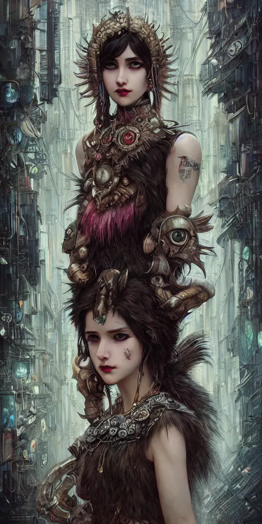 Image similar to hyper realistic Princess Mononoke, ornate mask, wet market street, cyberpunk metropolis, city landscape, jewels, full body pose, wolves, style of tom bagshaw, mucha, james gurney, norman rockwell, denoised, sharp