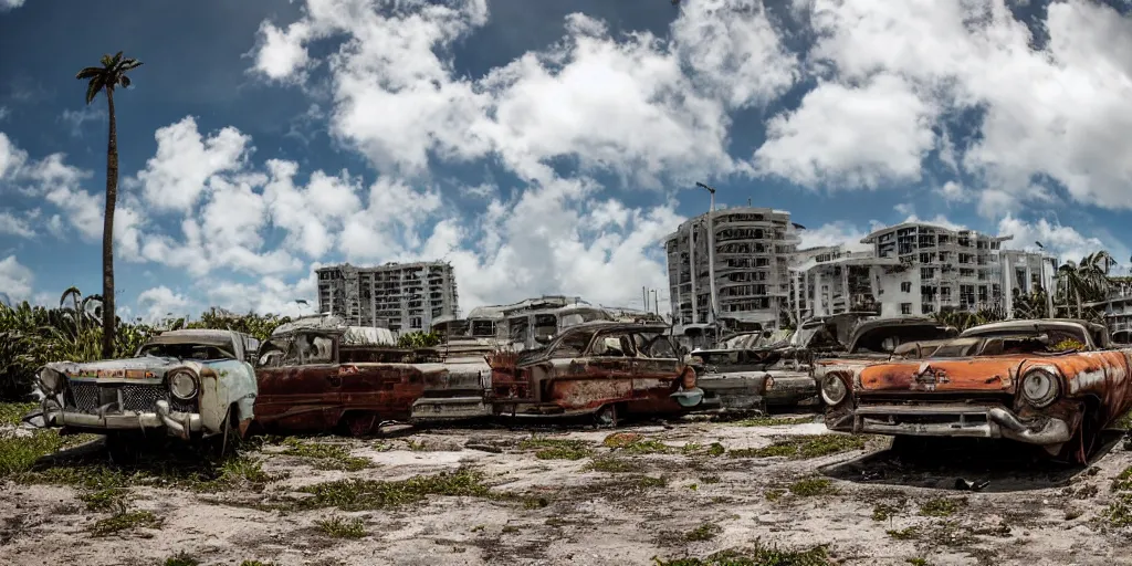 Image similar to wide angle shot of dilapidated fallout 5 miami, tropical coastal city in real life, desolate, dilapidated, some rusted retro futuristic vintage parked vehicles like cars, buses, trucks, trams, sunny weather, few clouds, volumetric lighting, photorealistic, daytime, spring, sharp focus, ultra detailed,