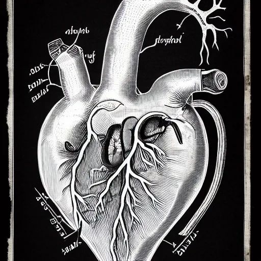 Image similar to anatomical diagram of the human heart, schematic, technical diagram, black paper, exceedingly insanely intricate, davinci, circuits, infographic, blueprint, illuminated manuscript, hand drawn, sketch, aspect 8 5 : 1 1 0