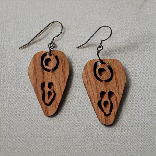 Prompt: wood earrings with crazy shapes and designs, symmetrical