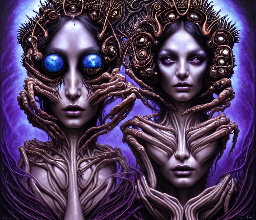 Image similar to A beautiful detailed alien goddess woman with 6 arms super dark tarot card, gorgeous model face by Stanley Artgerm, by tomasz alen kopera and Justin Gerard, 4 eyes, beautiful symmetrical features, ominous, magical realism, melting, texture, intricate, ornate, royally decorated, melting, whirling smoke, embers, purple adornments, blue torn fabric, radiant colors, fantasy, trending on artstation, volumetric lighting, micro details, 3d sculpture, ray tracing, 8k, anaglyph effect