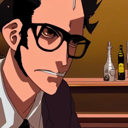 Prompt: A balding man with dark rimmed glasses sitting at a bar, cowboy bebop anime style, 4k