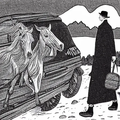 Image similar to a black and white edward gorey illustration of a man in old fashioned clothes waits by the side of the mountain road with his suitcase, looking at a coach with 4 horses is in front of him, stormy night time in the mountains highly detailed in the style of edward gorey, artgerm, 8 k resolution - c 5