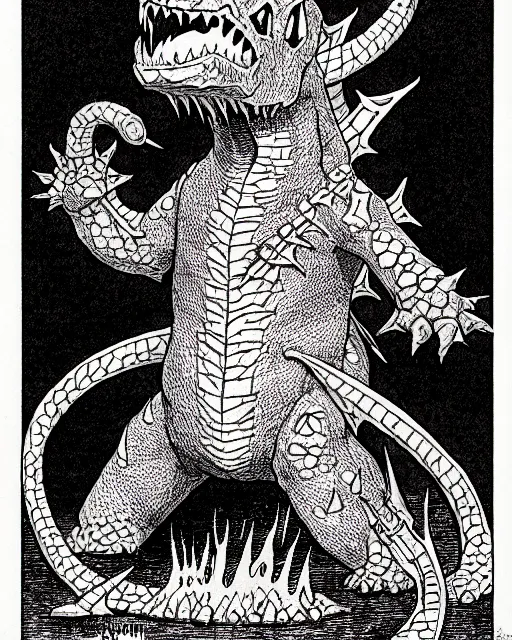 Image similar to charmander as a d & d monster, full body, pen - and - ink illustration, etching, by russ nicholson, david a trampier, larry elmore, 1 9 8 1, hq scan, intricate details, stylized border