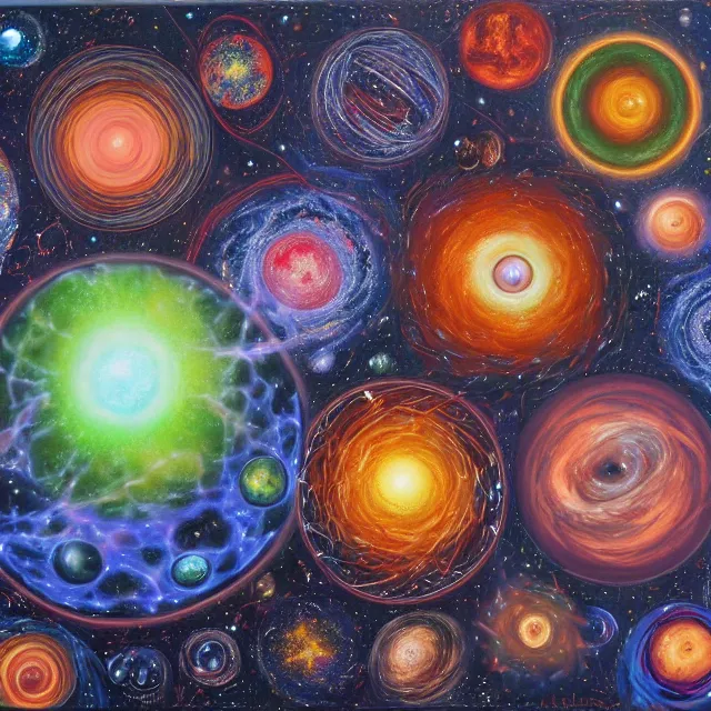 Prompt: cosmic entity in big bang surrounded by the universe and planets, detailed painting by alex gray