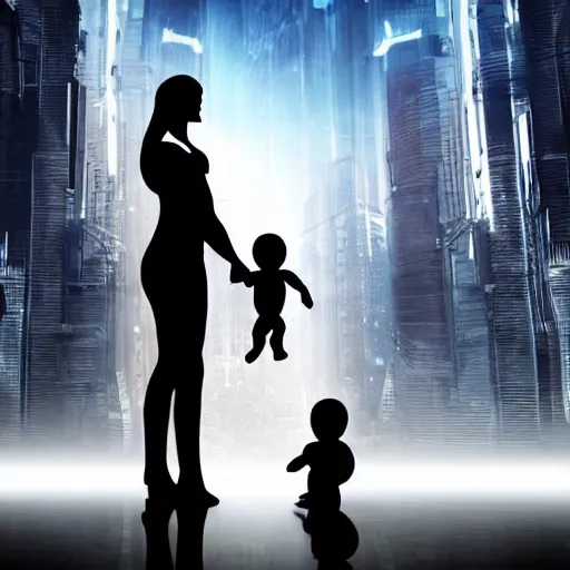 Prompt: two androids holding a human baby in a futuristic city scape. cinematic shot.