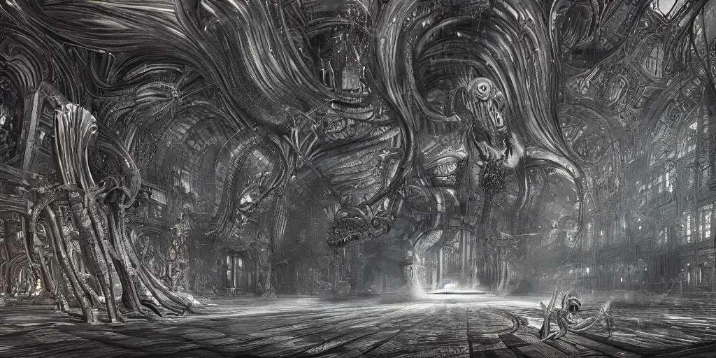 Prompt: elegant demon flying through a monumental extremely large hall with massive elements inspired by h. r. giger, long shot, high detailed, digital art