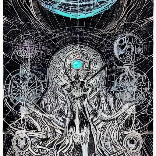 Prompt: black paper + tarot card + eldritch god, vintage detailed sci-fi illustration designed by Marc Simonetti and Mike Mignola + psychedelic black light style + intricate ink illustration + symmetry + bloodborne,