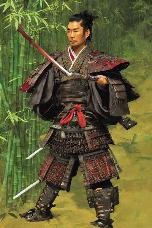 Prompt: close up of a wandering samurai in full armor sitting in a dark bamboo forest, by huang guangjian and gil elvgren, sachin teng, greg manchess