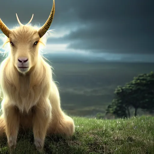 Image similar to real life photo of a beautiful Guernsey golden goat, full body photoshoot, curly golden hair, brown watery eyes, full round face, short smile, short horns, serene field setting, cinematic lightning, medium shot, mid-shot, highly detailed, trending on artstation, Unreal Engine 4k, 80mm, 85mm, cinematic wallpaper