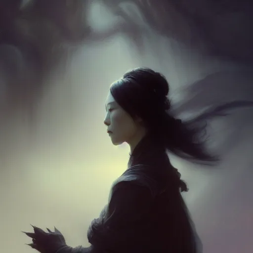 Image similar to dreamscape, digital painting of a sad mourning woman, epic composition, dark background, very detailed, 8 k, in the style of fenghua zhong and ruan jia and jeremy lipking and peter mohrbacher, mystical colors, rim light, beautiful lighting, 8 k, stunning scene, raytracing, octane, trending on artstation