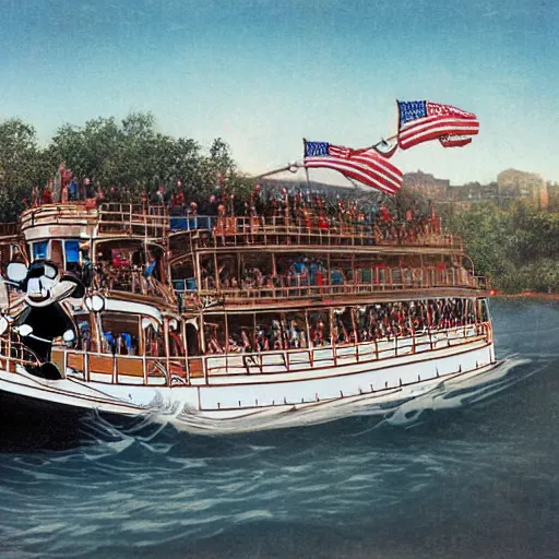 Prompt: steamboat willie sinking the mark twain riverboat at disneyland after crashing into a canoe. there are no survivors. highly detailed, high definition, ultra realistic