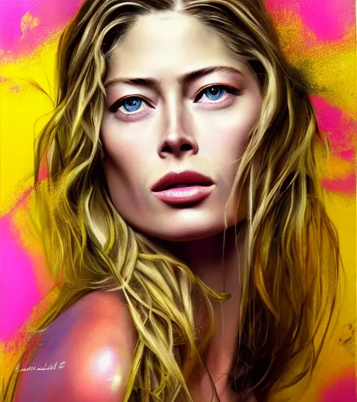 Prompt: beautiful painting of doutzen kroes, contemporary, colorful acrylic, airbrush painting, realistic portrait by kehinde wiley and archan nair, colored pencil sketch, hyperrealism, pastel chalk, oilpastels
