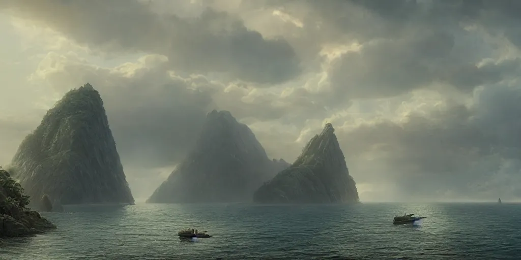 Prompt: establishing shot from a movie, epic matte painting of an island, cinematic cinematography masterpiece, greg rutkowski, and ivan aivazovski, roger deakins