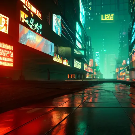 Image similar to « glowing neon lights, sunrise, cyberpunk, alita battle angel, blade runner, rainy, cold, clouds, far view, photorealistic, unreal engine 5, sharp focus »