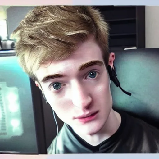 Image similar to “a realistic detailed photo of a guy who is an attractive humanoid who is half robot and half humanoid, who is a male android, twitch streamer Ninja Tyler Blevins, shiny skin, posing like a statue, blank stare, on a gaming chair streaming”