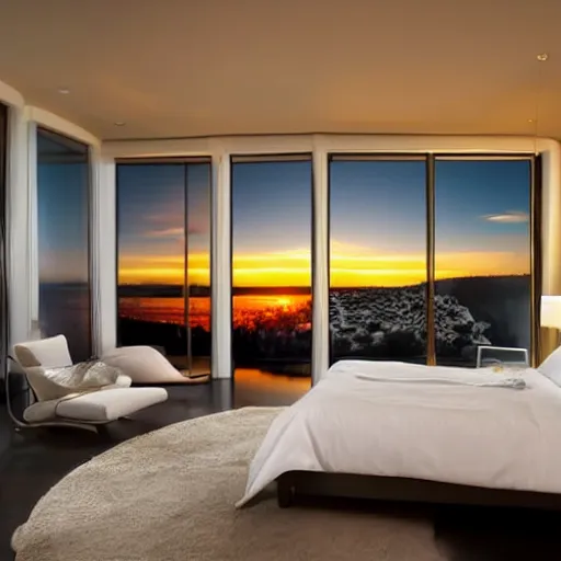 Prompt: a futuristic furnished bedroom with a large window at sunset, godrays, luxury white bed, warm lighting